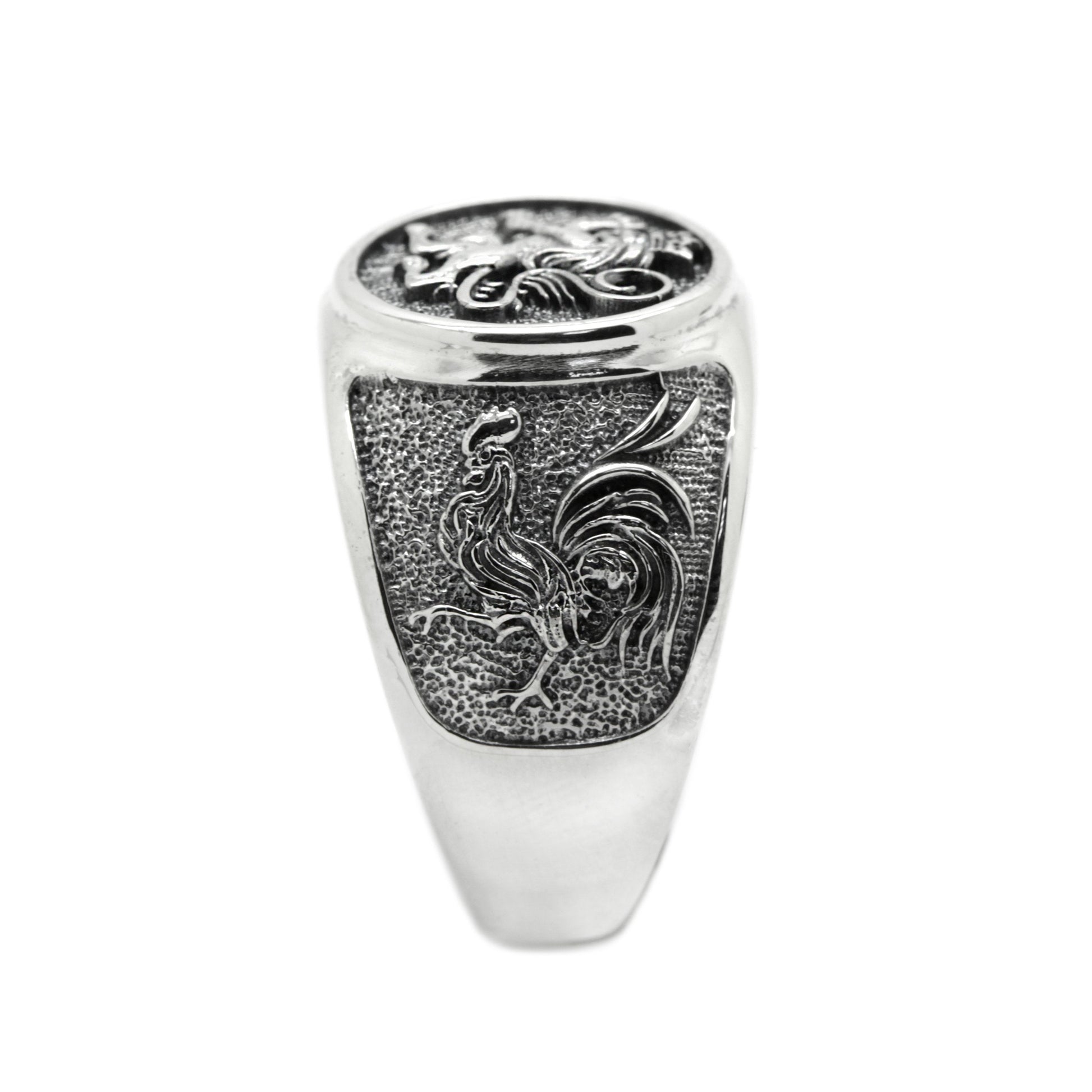 Lion and Roosters, Coat of Arms Signet, Silver 925 Mens Ring