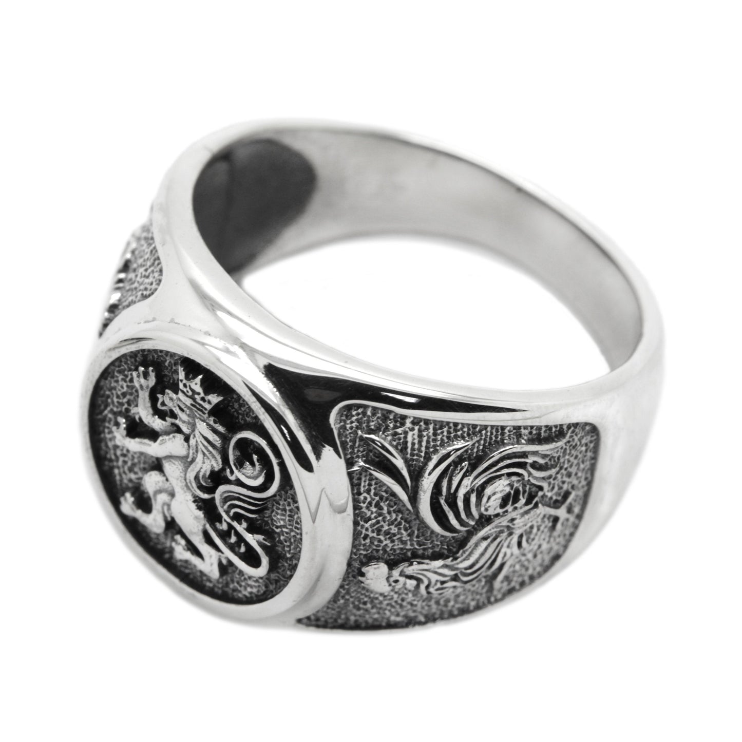 Lion and Roosters, Coat of Arms Signet, Silver 925 Mens Ring