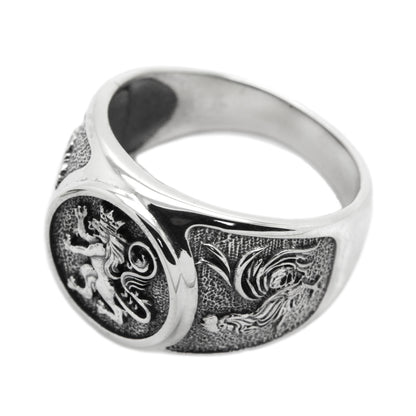 Lion and Roosters, Coat of Arms Signet, Silver 925 Mens Ring