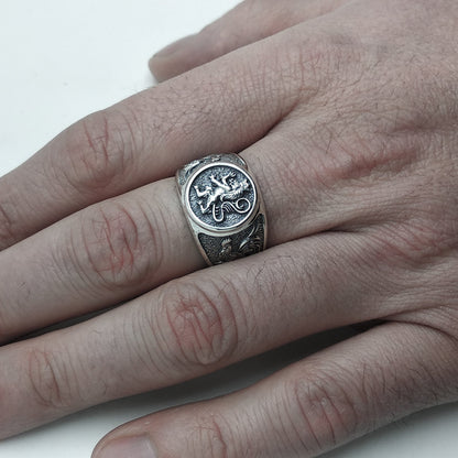 Lion and Roosters, Coat of Arms Signet, Silver 925 Mens Ring