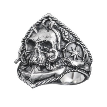 Sailor Skull Windrose and Anchor Mens Signet Sterling Silver