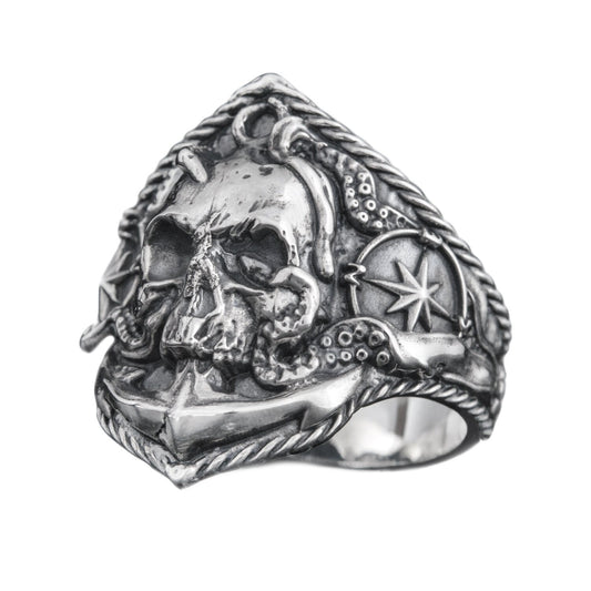 Sailor Skull Windrose and Anchor Mens Signet Sterling Silver