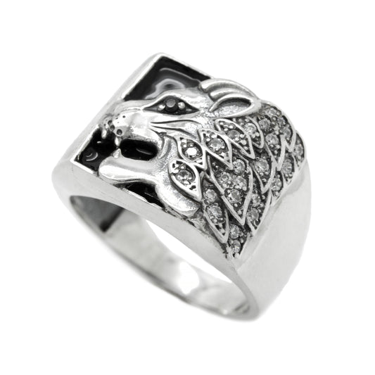 Lion with Black Enamel and Zircons, Men Ring Silver 925