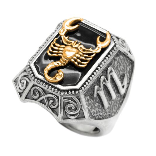 Scorpio Zodiac Mens Sterling Silver Signet Ring with Black Enamel