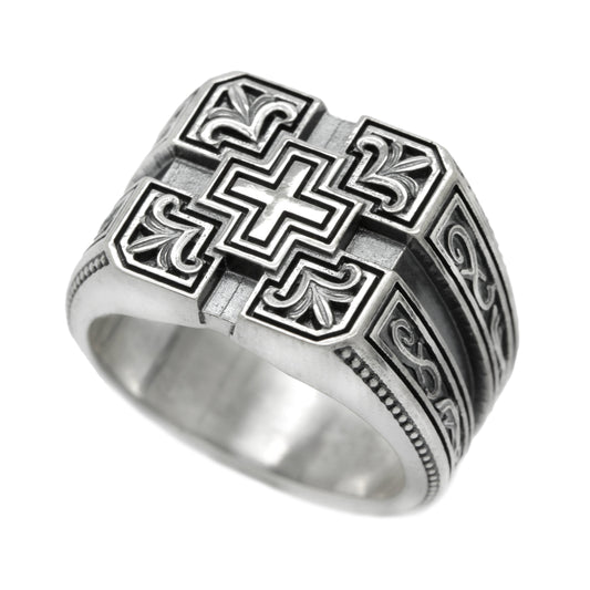 Cross and Lily Pattern Cross Mens Signet Silver 925