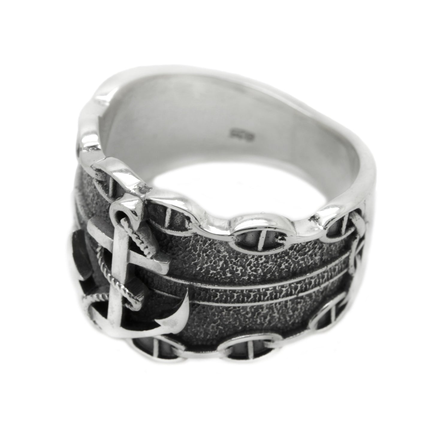 Sea Anchor and Chain Men's Sterling Silver Ring