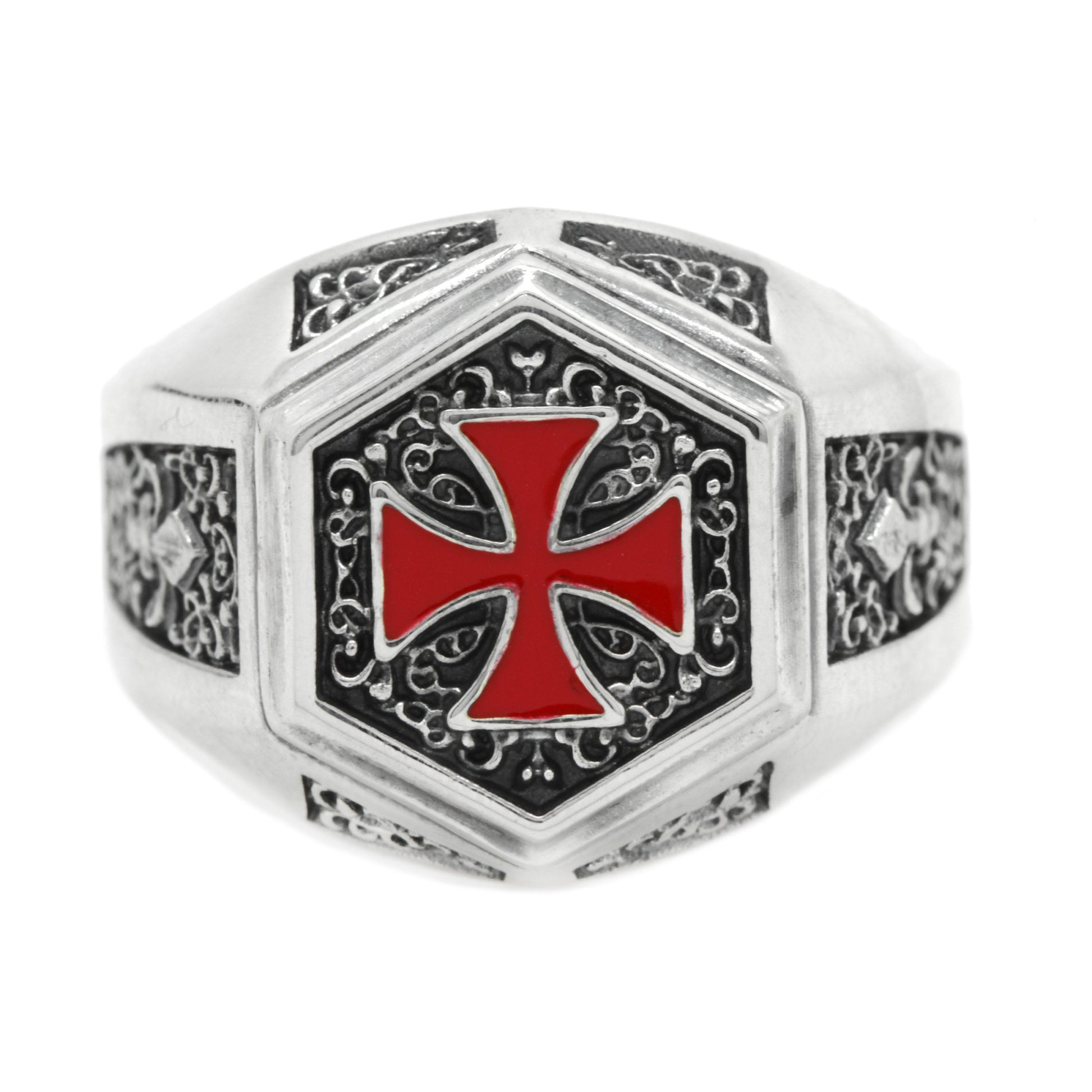 Knights Templar Ring, The Order of Solomon Temple Signet with Cross Red Enamel