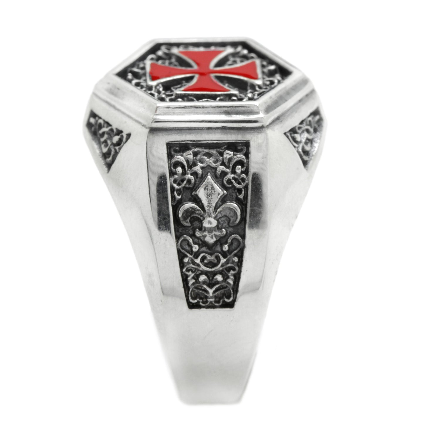 Knights Templar Ring, The Order of Solomon Temple Signet with Cross Red Enamel