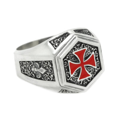 Knights Templar Ring, The Order of Solomon Temple Signet with Cross Red Enamel