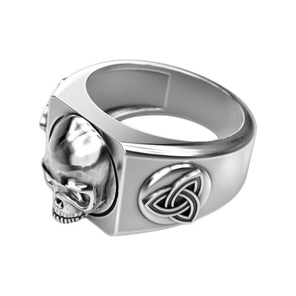 Skull With Celtic Shield Knot Mens Ring Silver 925
