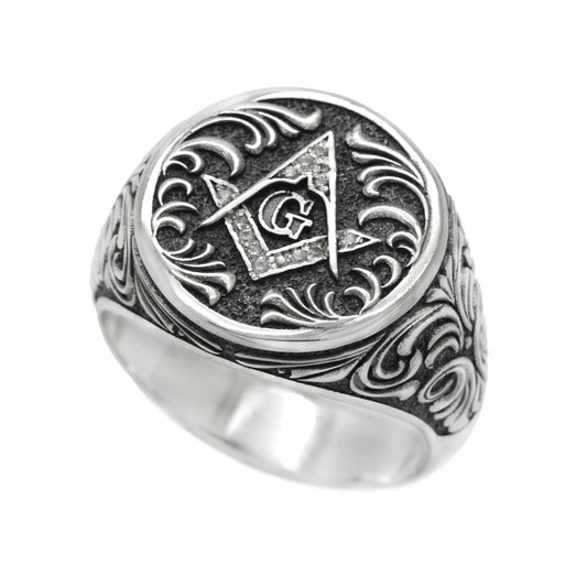 Elegant Masonic Ring, Square and Compass, Mens Sterling Silver Signet
