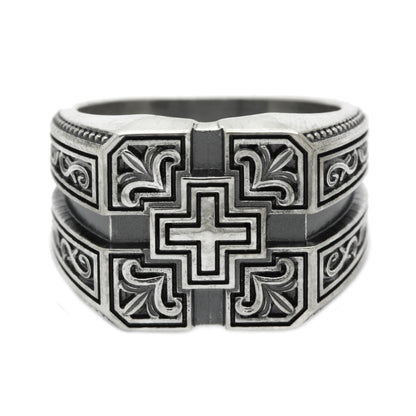 Cross and Lily Pattern Cross Mens Signet Silver 925