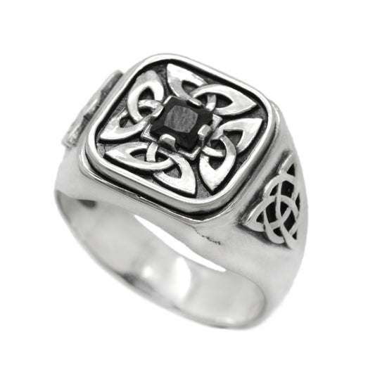 Four Leaf Clover with Black Zircon Men's Ring Silver 925