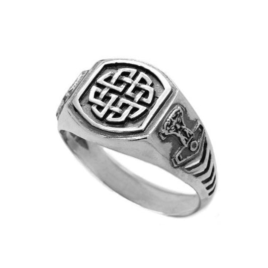 Celtic Shield Knot Viking with Thor Hammer Mens Ring Silver 925