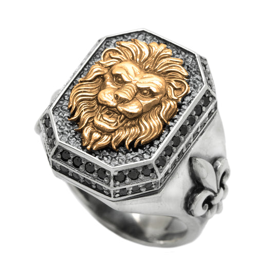 Huge Lion with Heraldic Lily and Black Zircons Mens Silver Ring