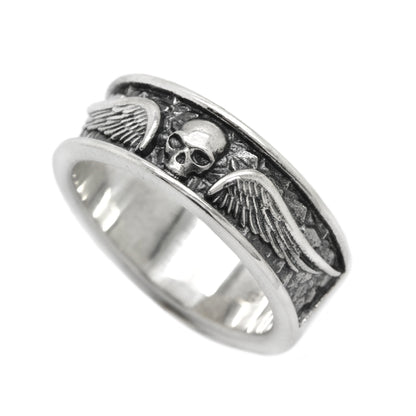 Skull and Angels Wings, Engagement Ring, Band Pinky Ring, Sterling Silver Ring