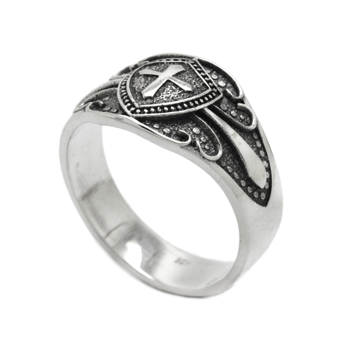Shield and Cross with Pattern Mens Signet Rings