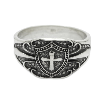 Shield and Cross with Pattern Mens Signet Rings