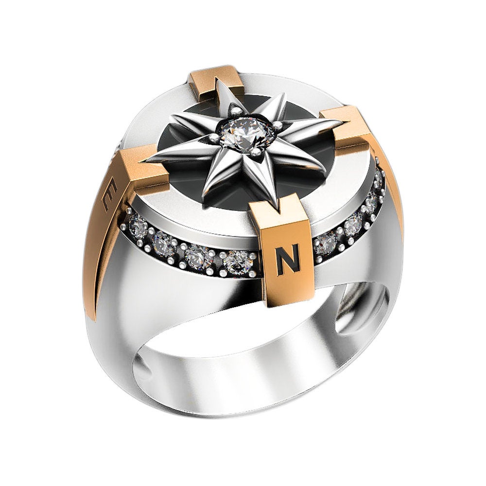 Wind Rose Mens Signet Silver 925 and Gold 14K
