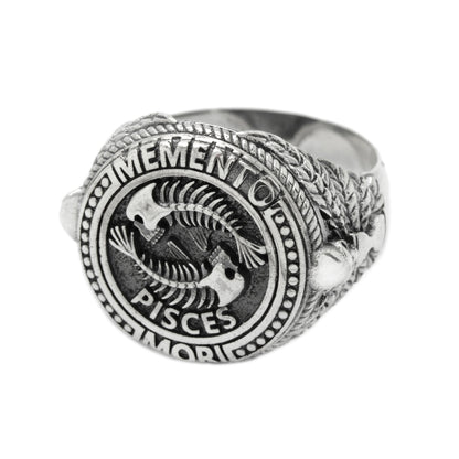 Fische Memento Mori, Sternzeichen Totenkopf Ring, Sterling Silber 925