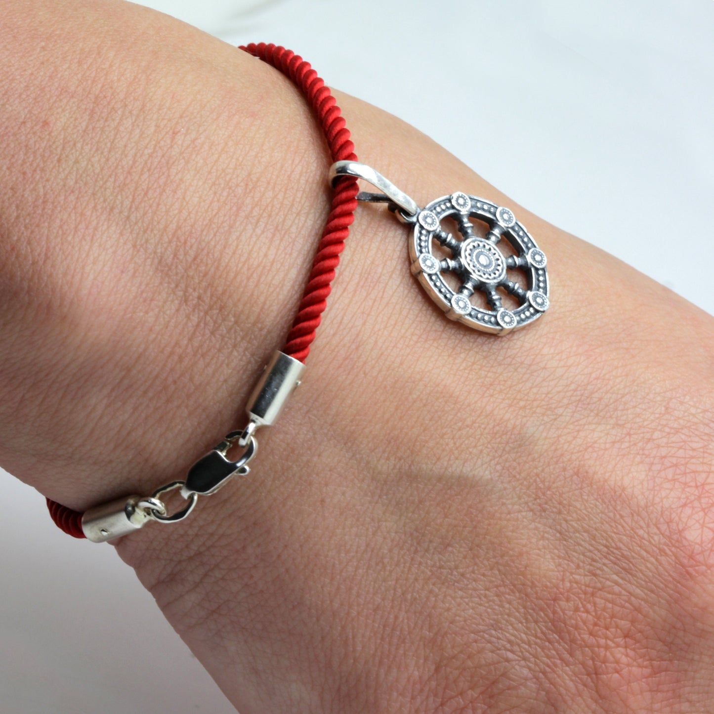 Dharmachakra, Wheel of Dharma, Bracelet Red Rope Braid,  Pendant Sterling Silver 925