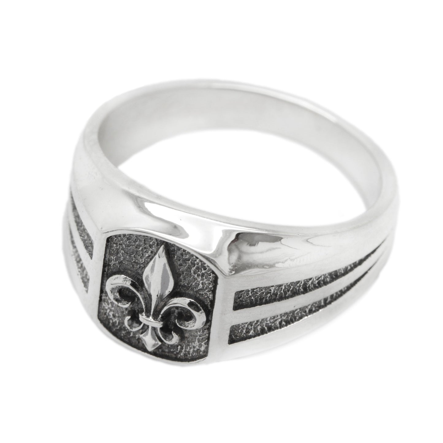 Heraldic Lily Fleur-de-lis Mens Signet Sterling Silver Ring