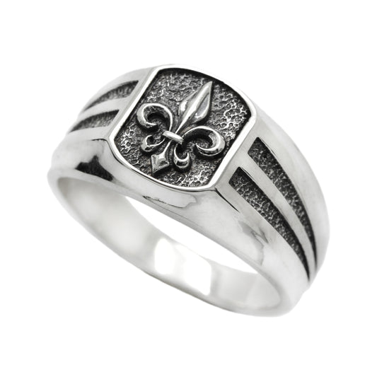 Heraldic Lily Fleur-de-lis Mens Signet Sterling Silver Ring