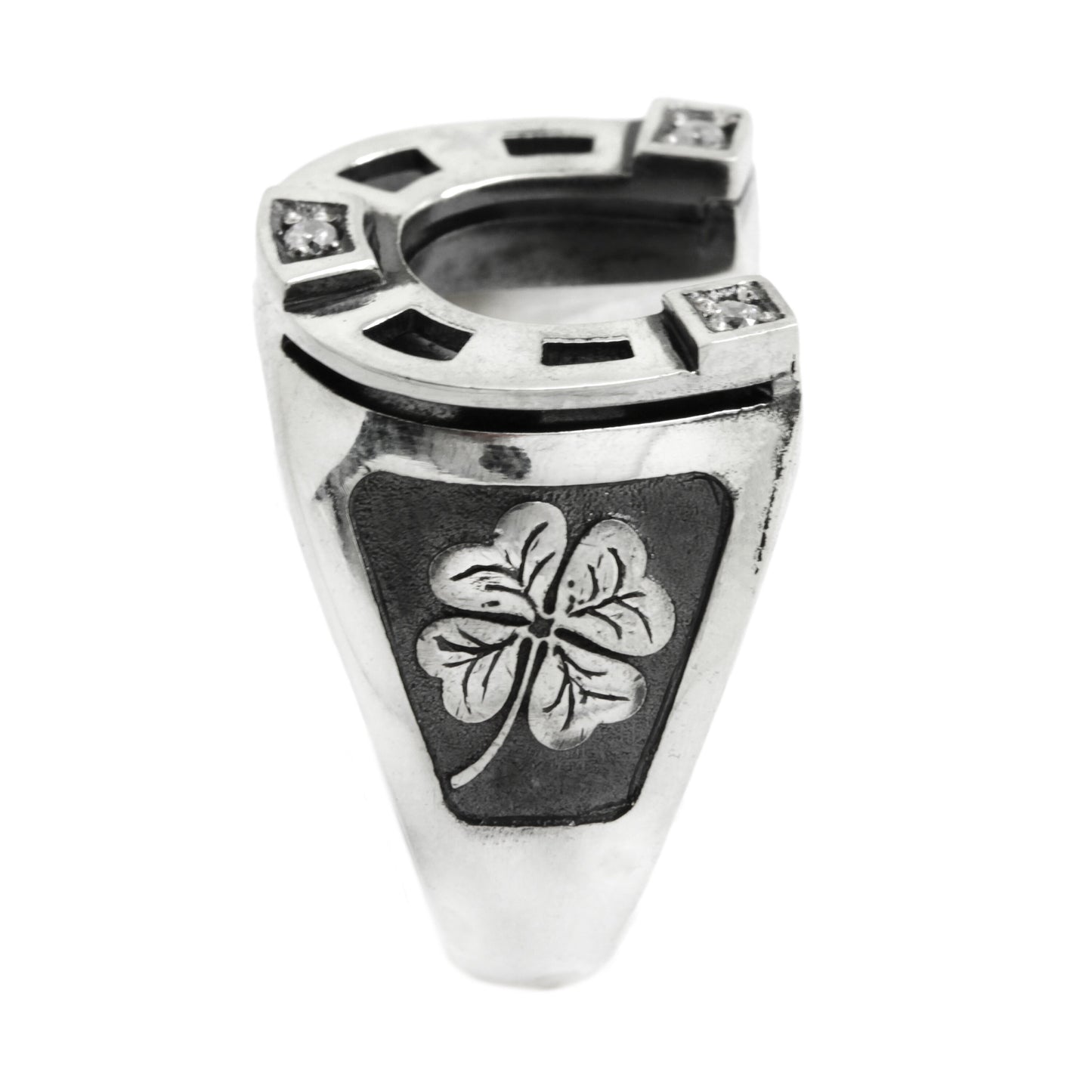 Lucky Horseshoe & Four Leaf Clover with Zircons Ring Sterling Silver