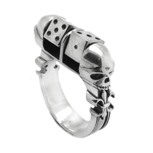 Totenkopf-Unisex-Ring mit Würfelpaar aus Silber 925