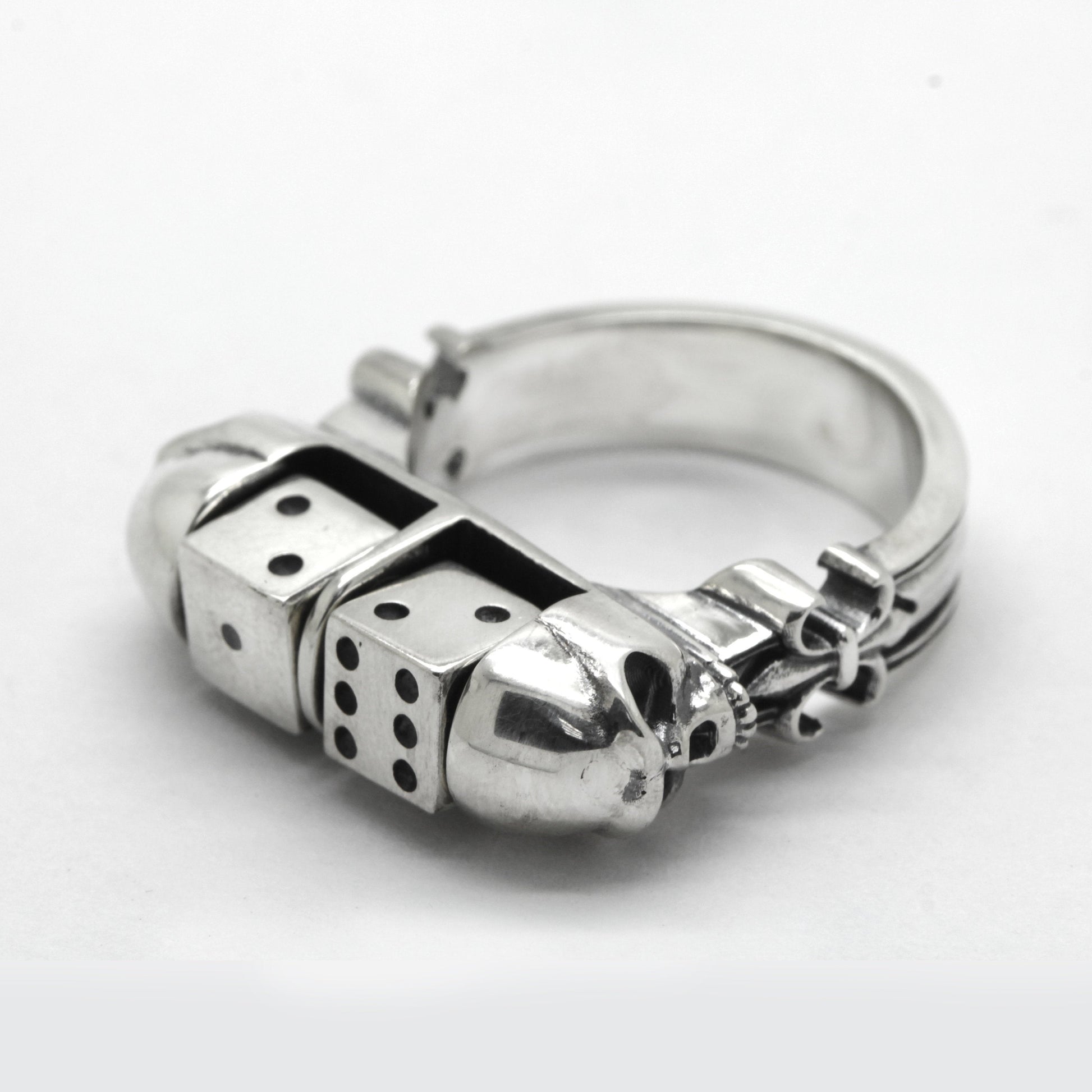 Rotating Dice and Skull Unisex Sterling Silver Ring