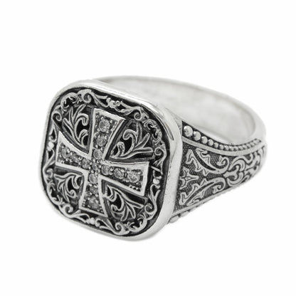 Byzantine Medieval Gold Cross with Pattern Mens Sterling Silver Ring