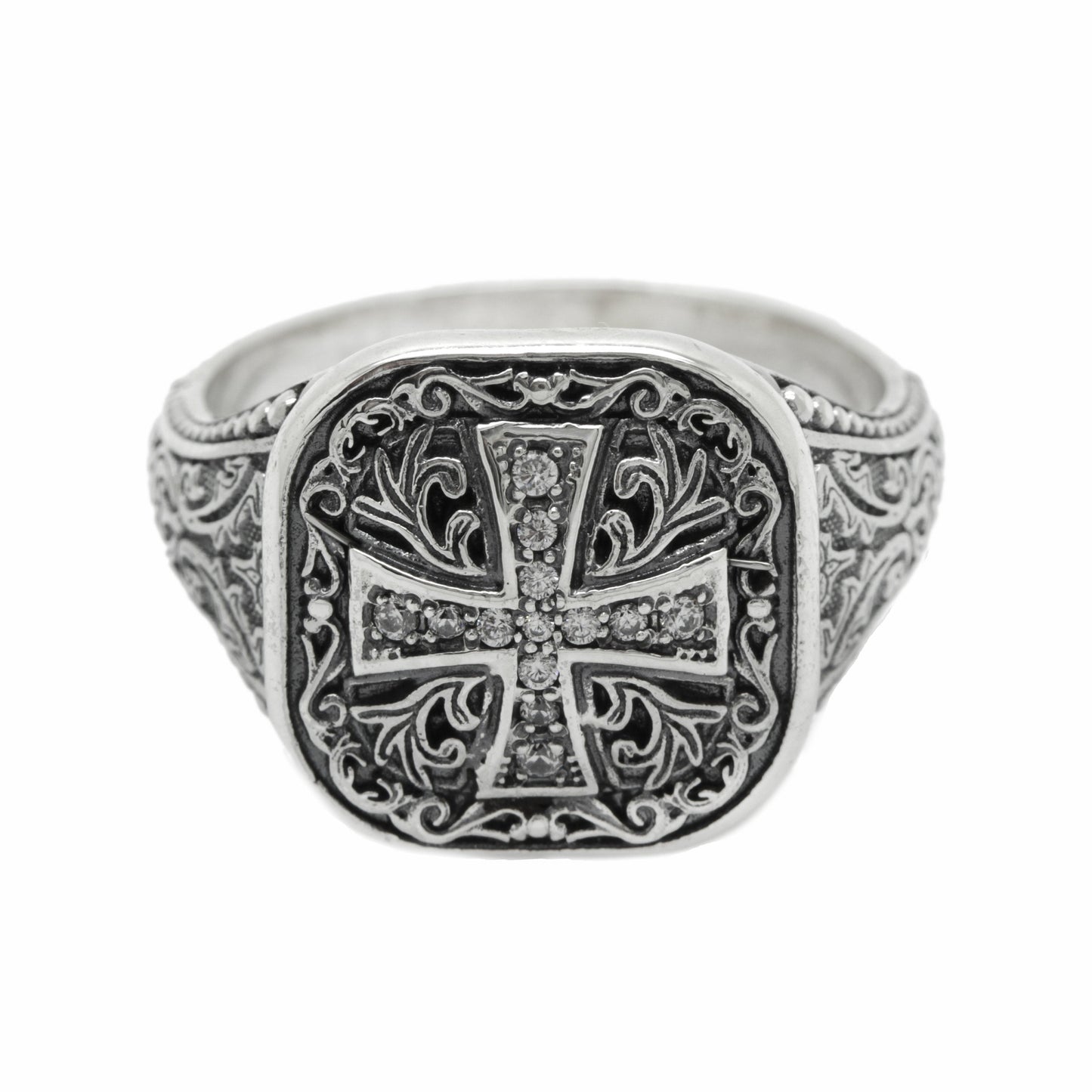 Byzantine Medieval Gold Cross with Pattern Mens Sterling Silver Ring