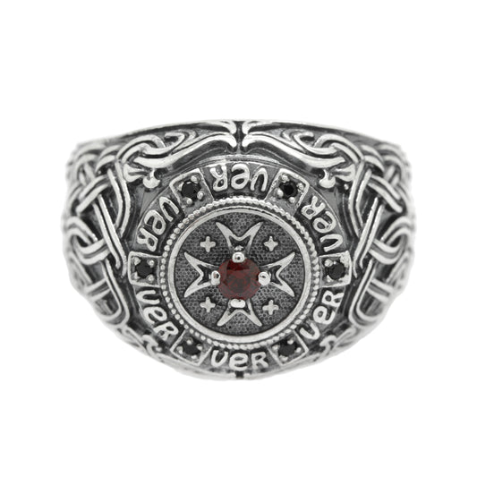 Hospitaleier Knight's Cross Men Ring Red Garnet and Black Zircons