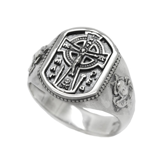 Jesus Christ Сrucifixion Celtic Style Cross Sterling Silver Signet Ring