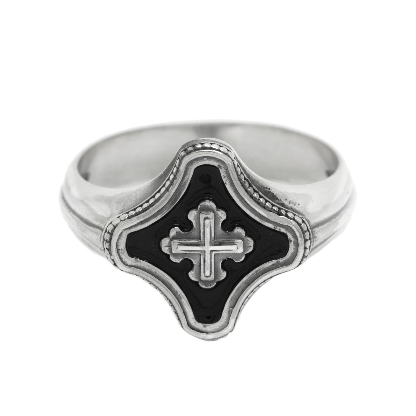 Clover Christian Cross Unisex Ring Silver 925 with Black Enamel