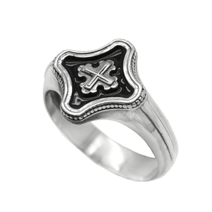 Clover Christian Cross Unisex Ring Silver 925 with Black Enamel