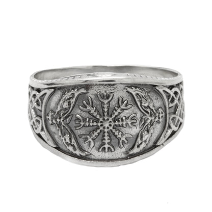 Helm of Awe, Vegvisir, Runic Circle, Runic Compass, Sterling Silver Mens Ring