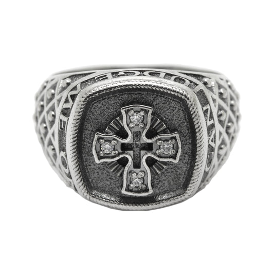 Christian Cross Men's Ring with a Pray Sterling Silver 925