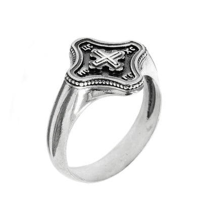 Clover Christian Cross Unisex Ring Silver 925 with Black Enamel