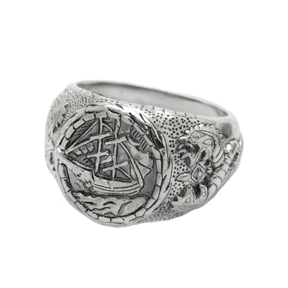 Sailing Ship Storm Sailor Ring Námořnický pánský prsten s mincovním stříbrným prstenem