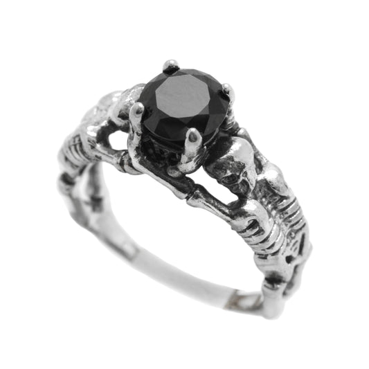 Zásnubní prsten solitaire, černý kulatý zirkon, gotické lebky, snubní prsten Lebka, jednoduchý prsten s kostrou