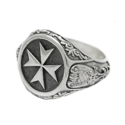 Maltese Cross Knights Hospitaller Sterling Silver Mens Ring Signet