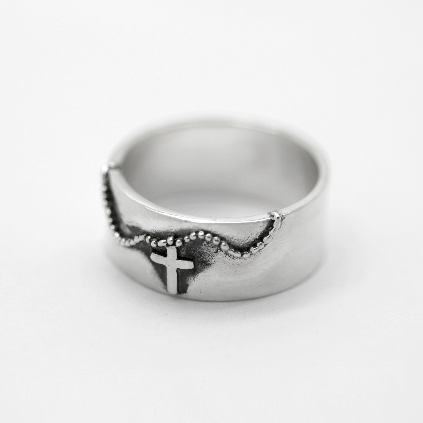 Religious Jewelry Band Engagement Mens Silver Ring with Cross on the Chain