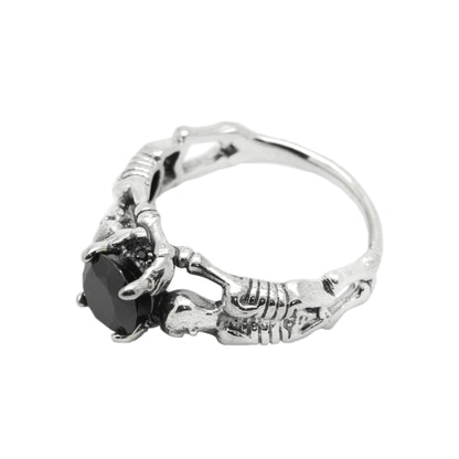 Solitaire Engagement Ring, Black Round Zircon, Gothic Skulls, Skull Wedding ring, Skeleton Simple Ring