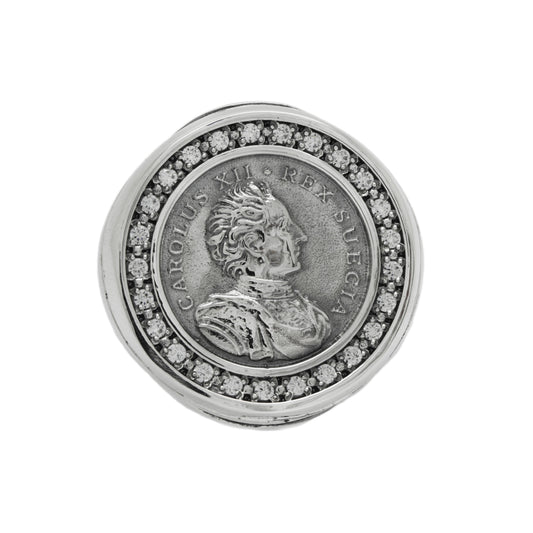 Charles XII King of Sweden, Carolus Rex Round Top Signet with White Zircons