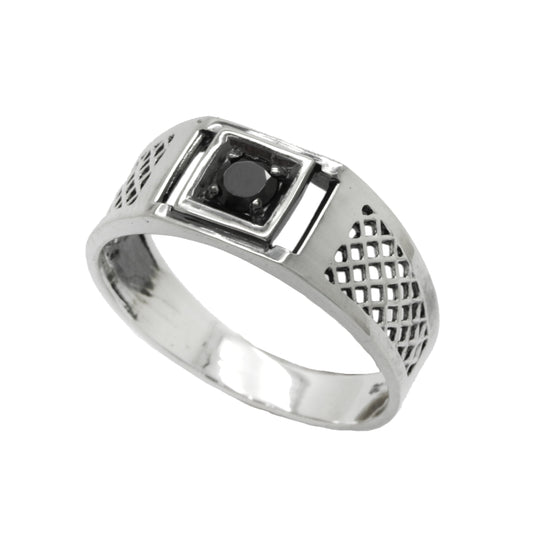 Light Men Ring Silver 925 with Round Black Zircon, Pinky Ring