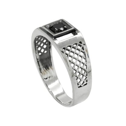 Light Men Ring Silver 925 with Round Black Zircon, Pinky Ring