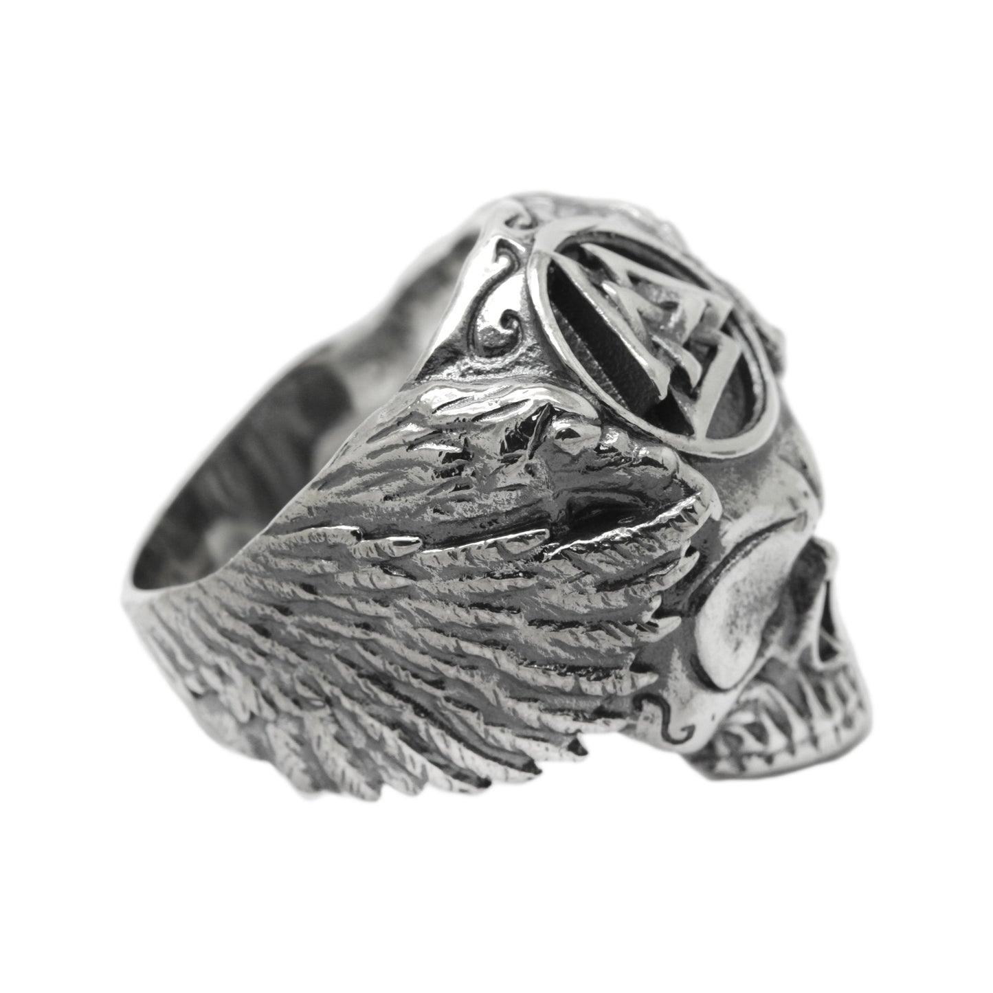 Valknut with Ravens Skull, Viking Odin Ring, Mens Sterling Silver Ring