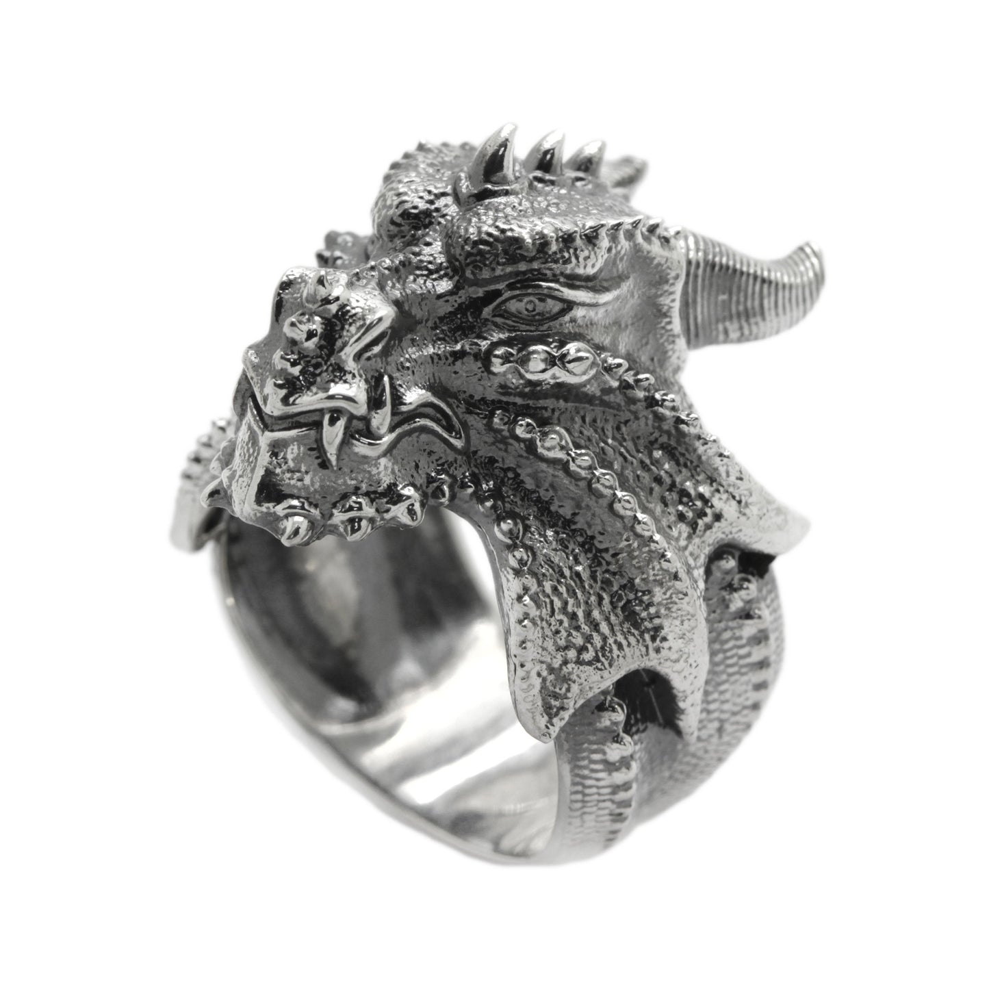 Lucky Feng Shui Celestial Water Dragon Amulet Mens Blacked Silver Ring