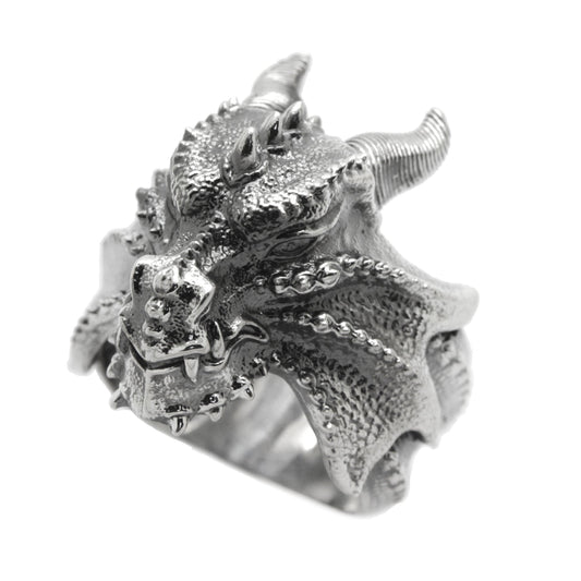 Lucky Feng Shui Celestial Water Dragon Amulet Mens Blacked Silver Ring